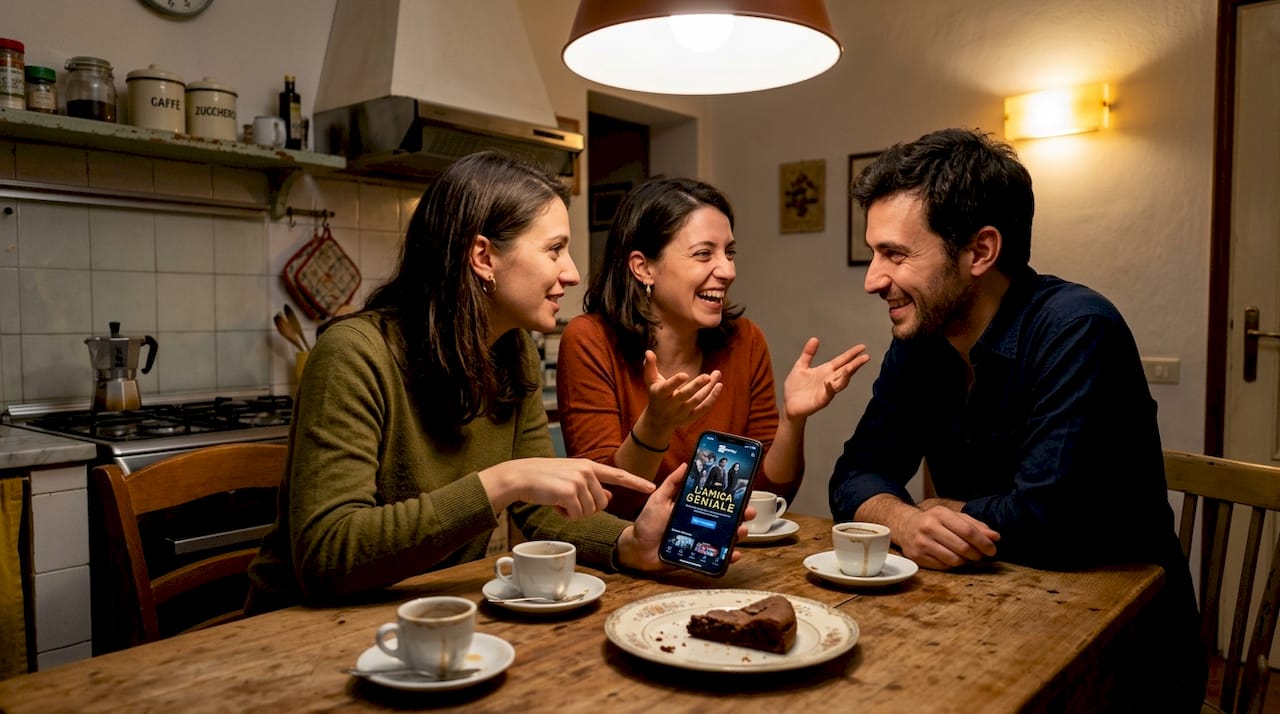 Amici che chiacchierano in cucina commentando le ultime puntate di una fiction italiana