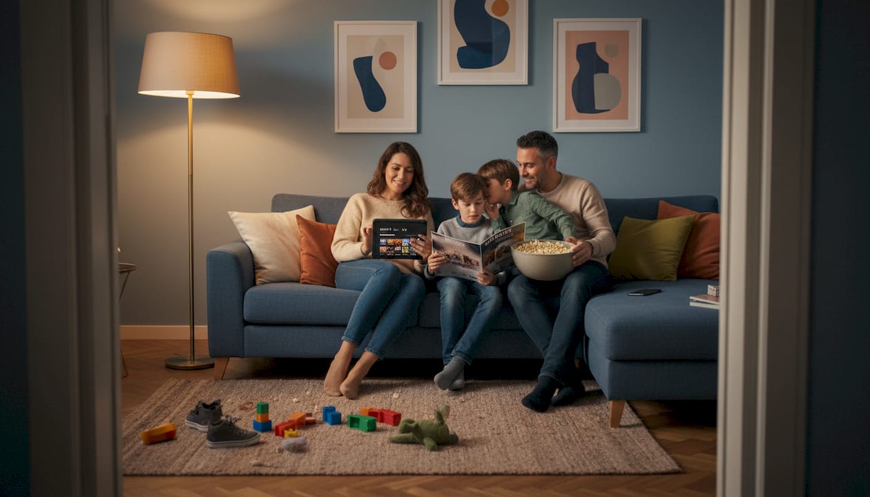 La famiglia si riunisce davanti alla TV e sceglie insieme un film consultando una guida.