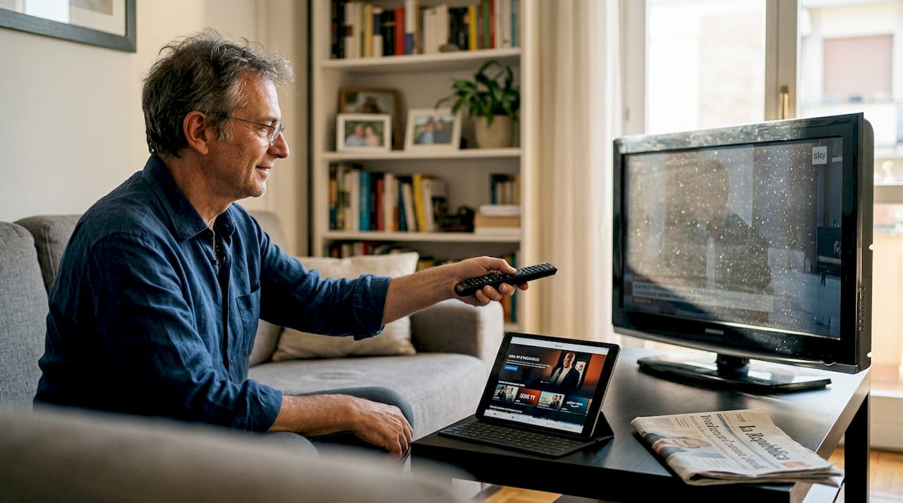 Un uomo che passa dal guardare la TV tradizionale alle piattaforme di streaming, comodamente seduto in salotto.