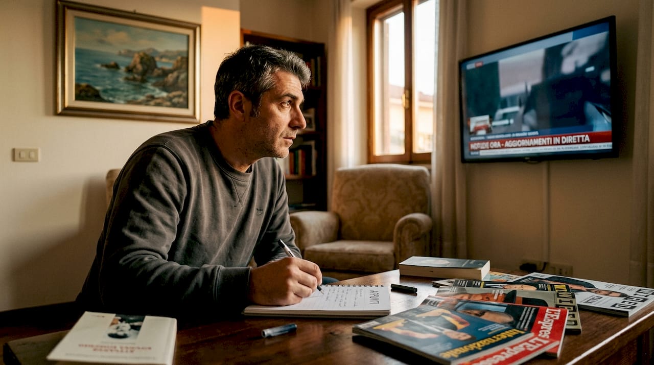 Un uomo prende nota dei programmi tv che andranno in onda in seconda serata.