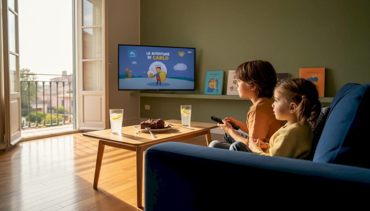 I bambini seduti insieme in salotto mentre guardano la televisione
