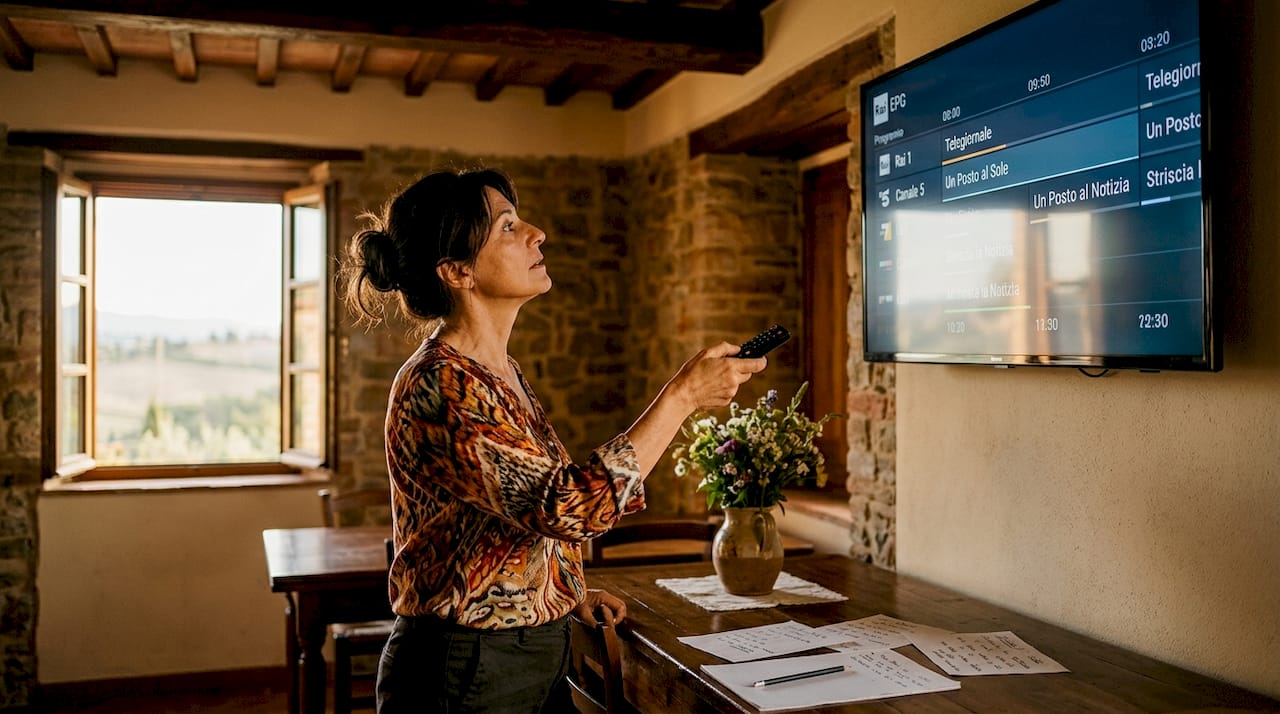 Una donna aggiorna la guida TV elettronica sul suo televisore