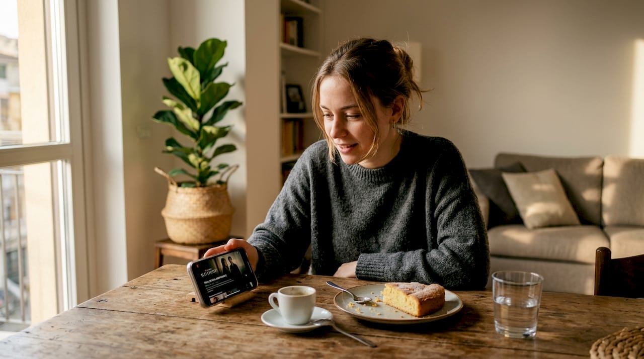 Una donna sta guardando il trailer di una serie TV sul suo smartphone.