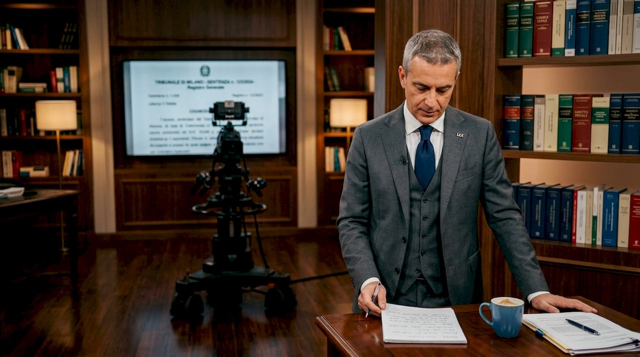 Una giornalista si sta preparando in studio per andare in onda con un servizio dedicato alle ultime novità in ambito legale.