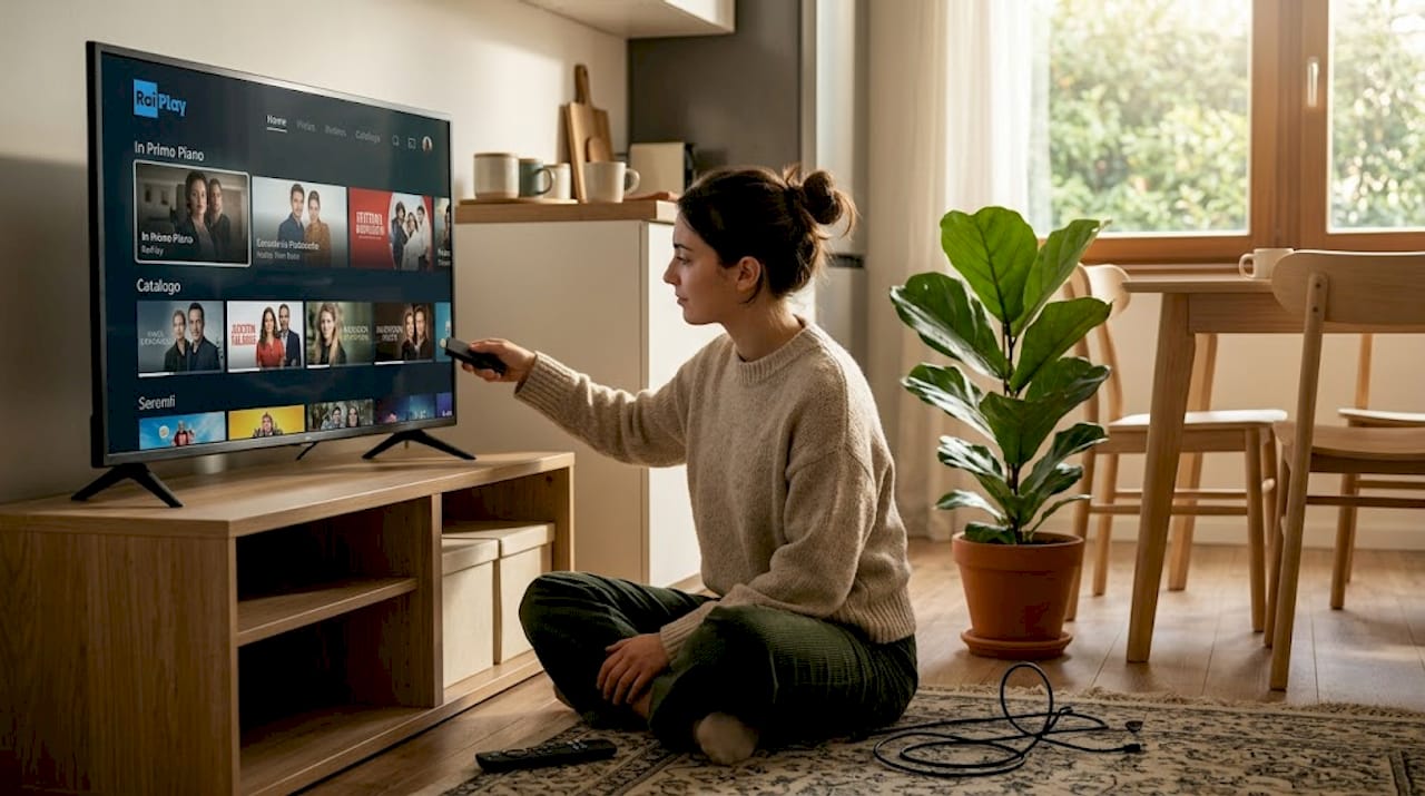 Una donna scarica e installa le app per lo streaming direttamente sulla sua smart TV.
