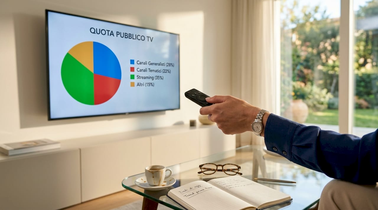 Una mano impugna il telecomando puntato verso la TV, dove appare un grafico sugli ascolti.