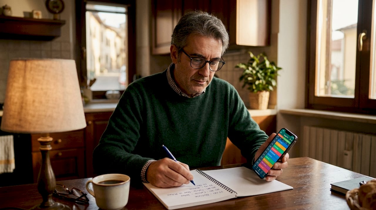 A colazione, un uomo consulta la guida TV direttamente dal suo smartphone.
