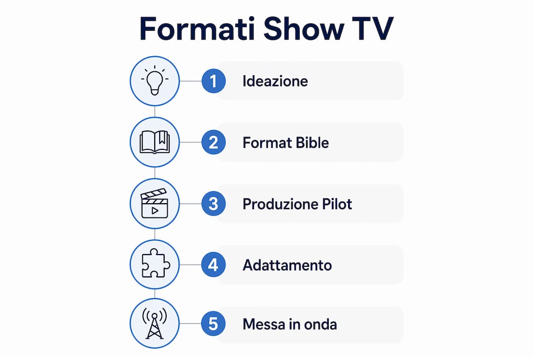 Infografica che illustra le principali tappe nella creazione di un format televisivo