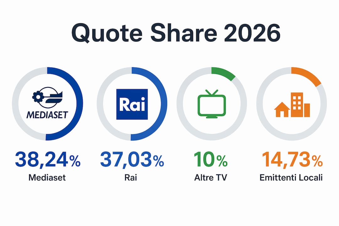 Grafico a infografica con le percentuali di share delle principali reti televisive italiane