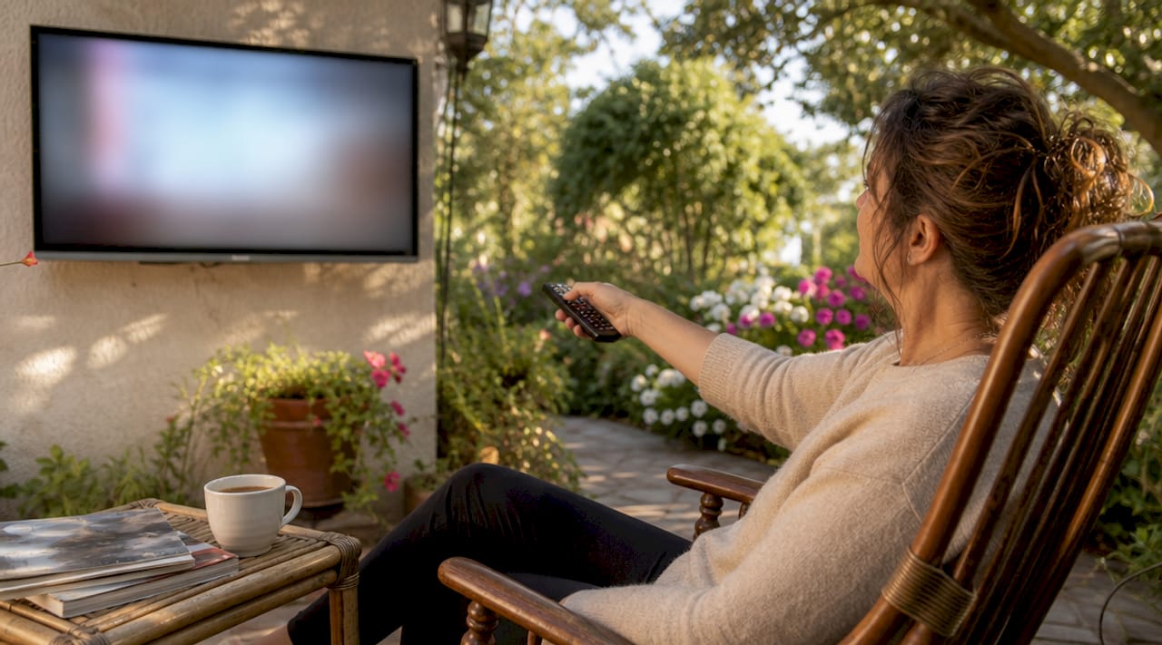 Una donna comodamente seduta sul divano cambia canale con il telecomando della smart TV.