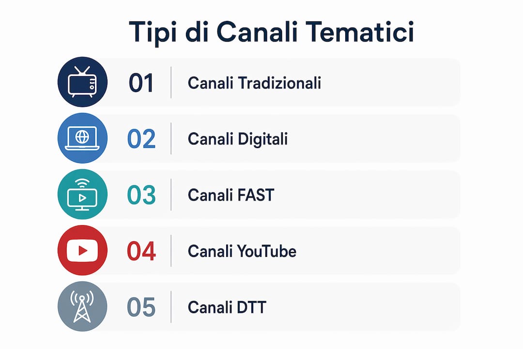 Infografica a sviluppo verticale sulle diverse tipologie di canali tematici