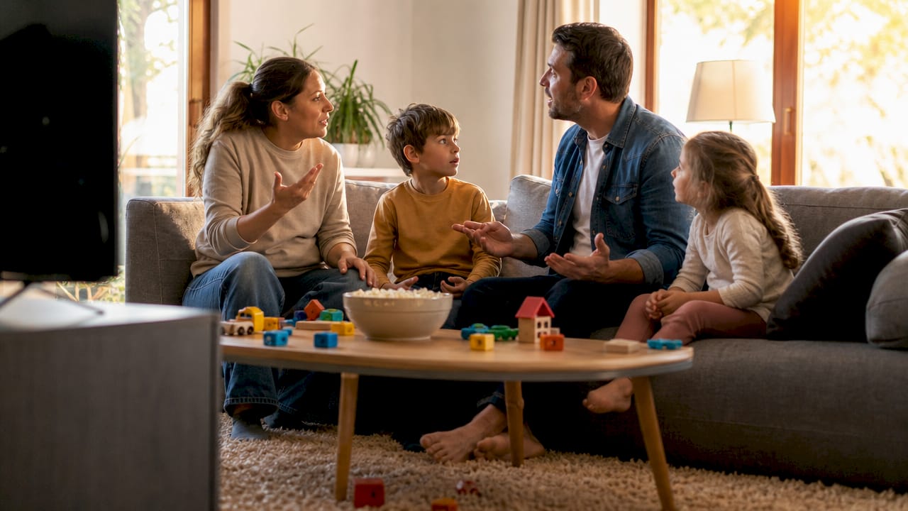 La famiglia si ritrova a tavola a chiacchierare dopo aver guardato la televisione.