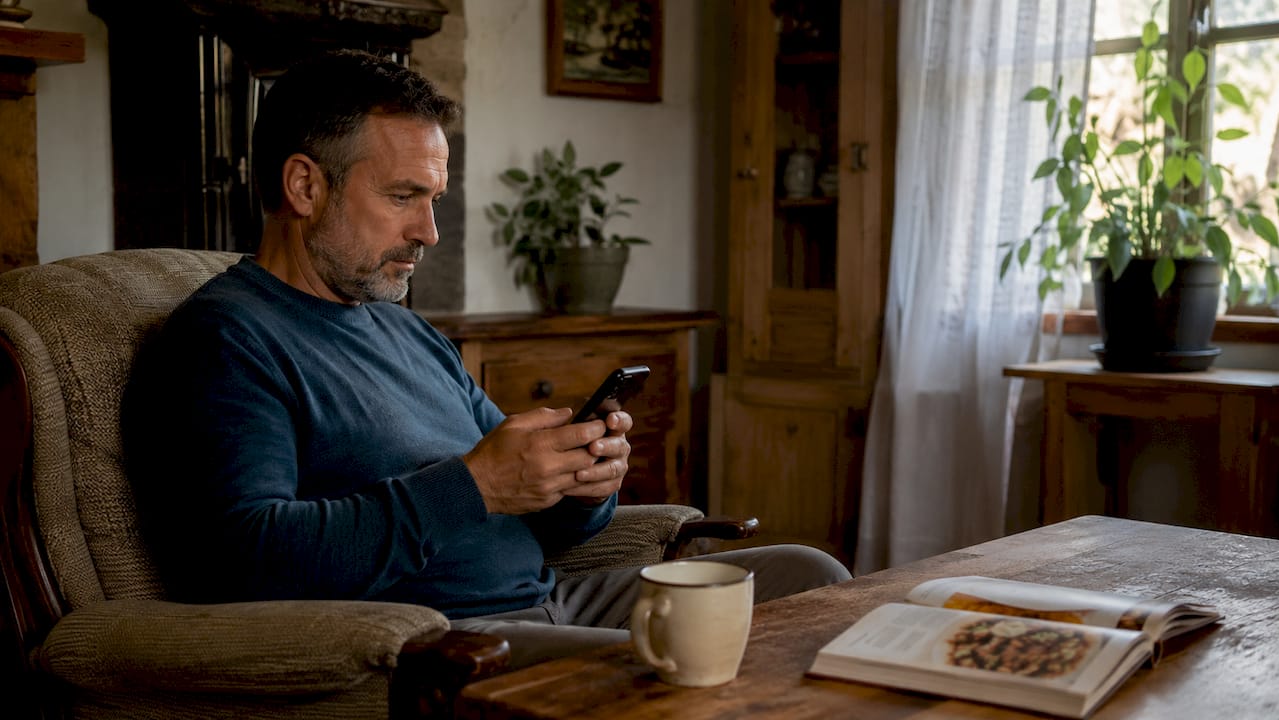 Un uomo controlla gli aggiornamenti della TV direttamente dal suo smartphone tramite un'app dedicata.