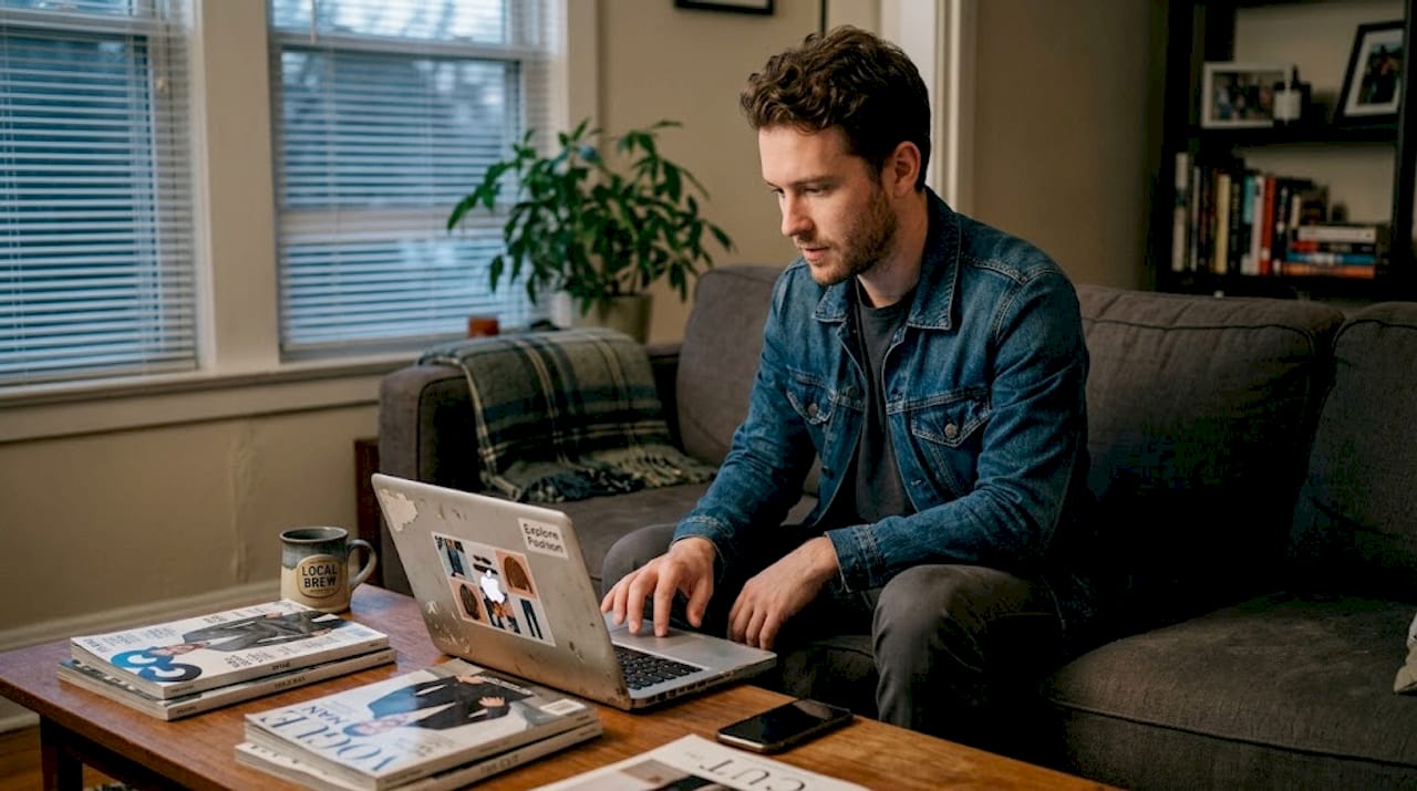 Man reviewing fashion feed on laptop