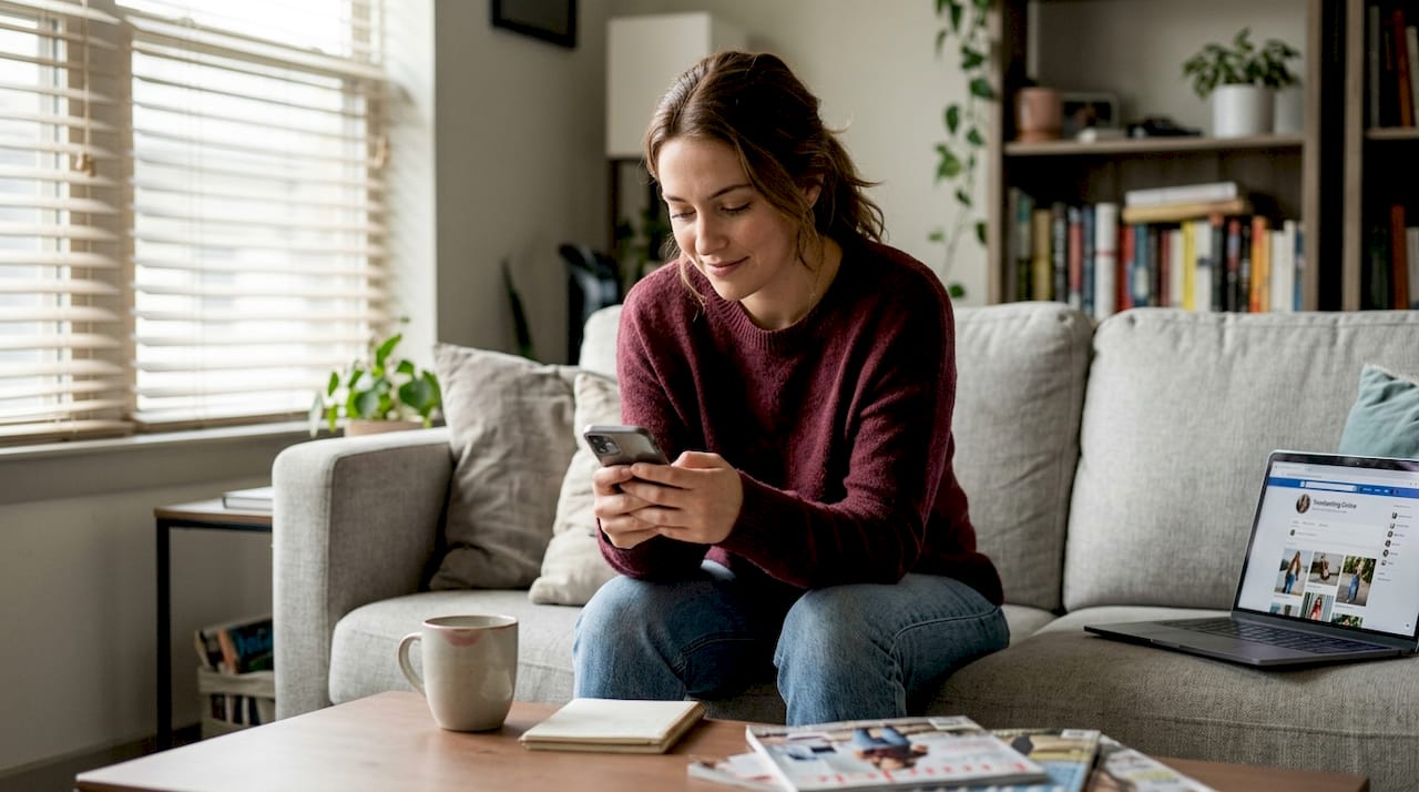 Fashion influencer reviewing content at home