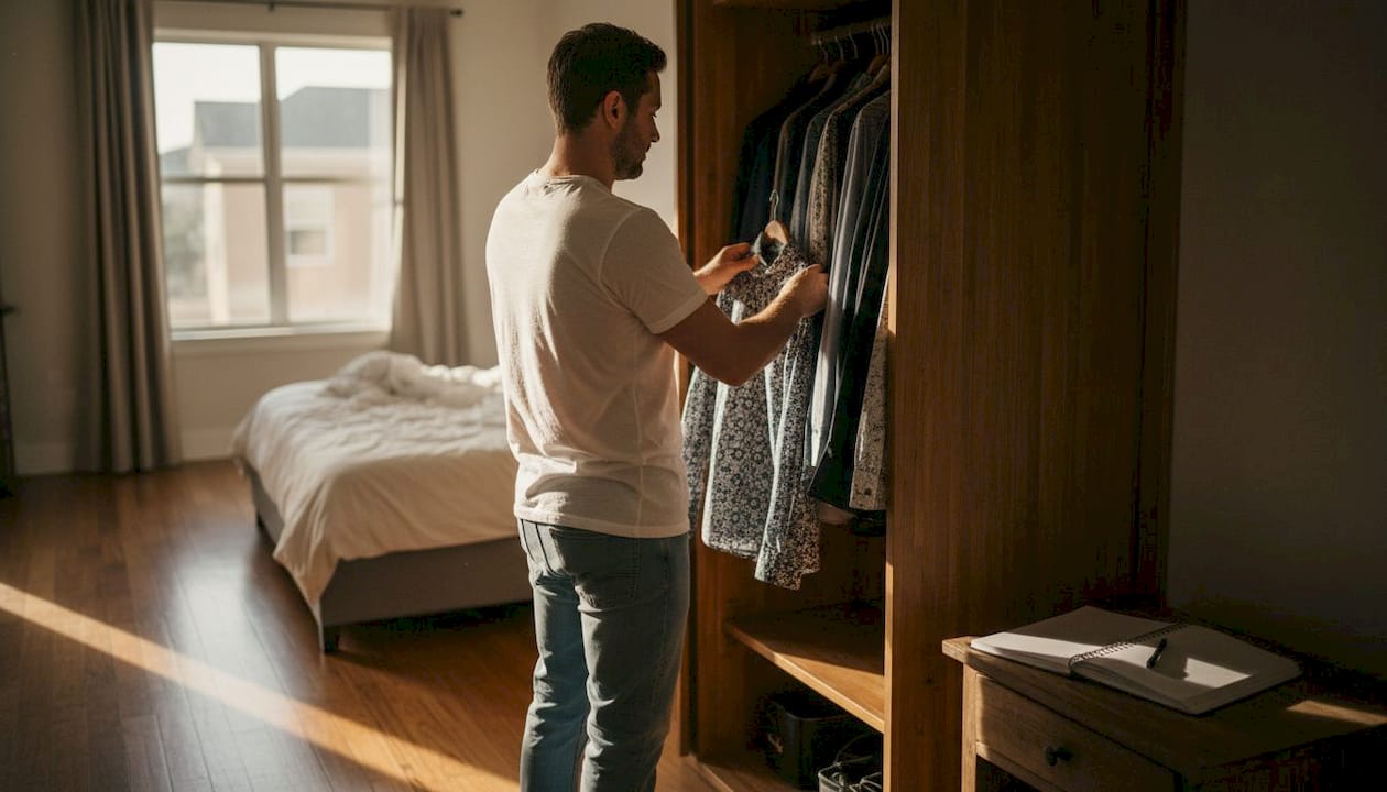 Man preparing wardrobe for fashion challenge