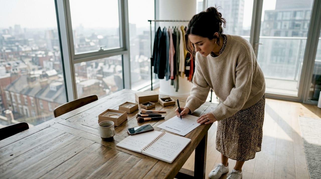 Influencer preparing outfit checklist at table