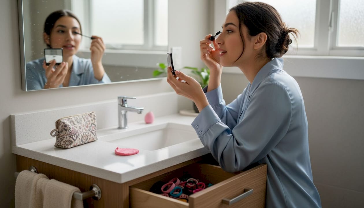 Woman doing fast makeup at bathroom vanity