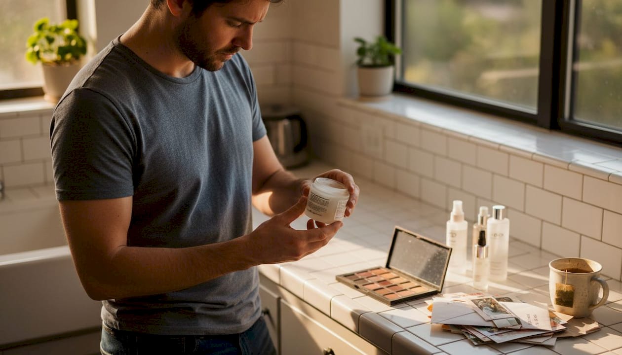 Man inspecting skincare ingredients in kitchen