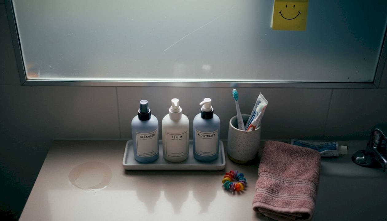 Essential skincare products on real mom’s bathroom counter