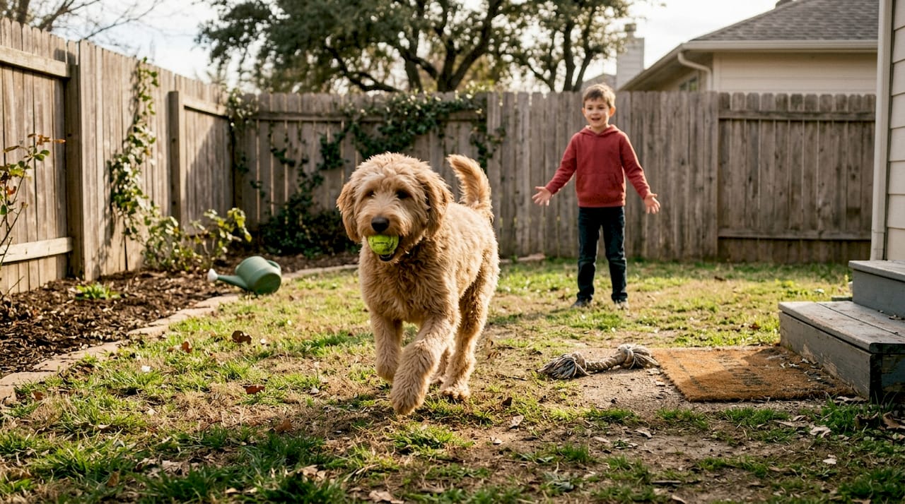 Doodle dog playing fetch in backyard