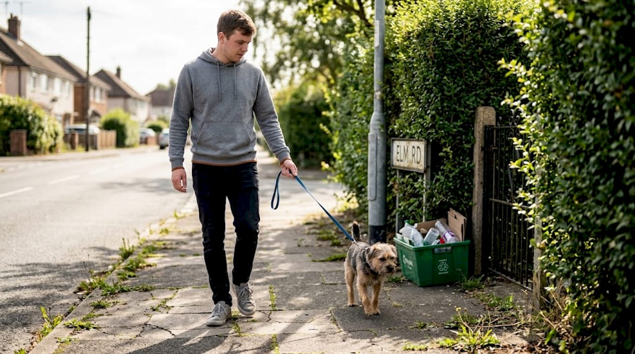 Man walking terrier with short sturdy lead