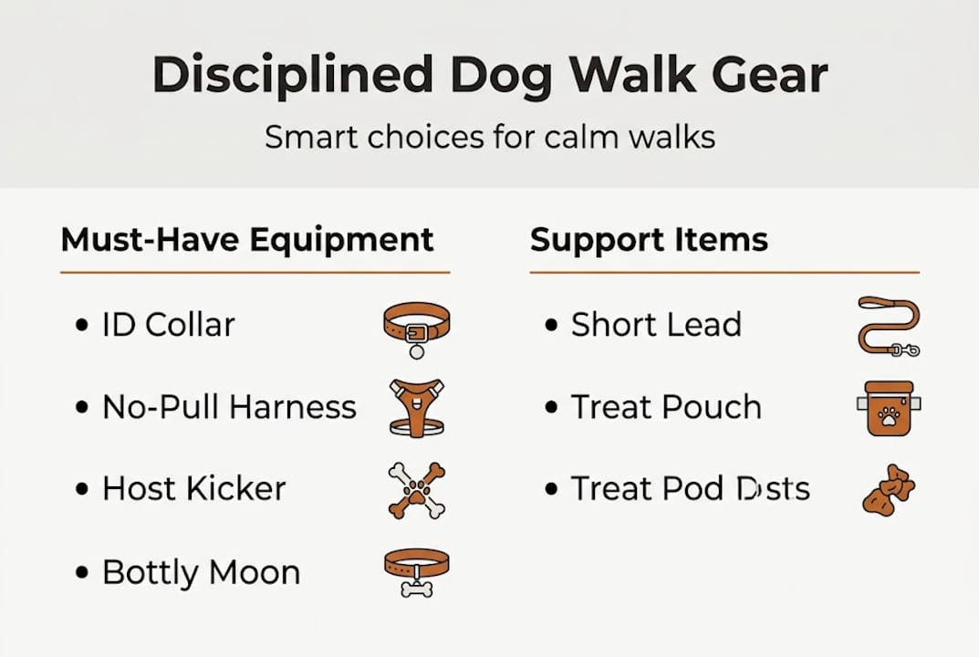 Infográfico listing dog walk gear essentials