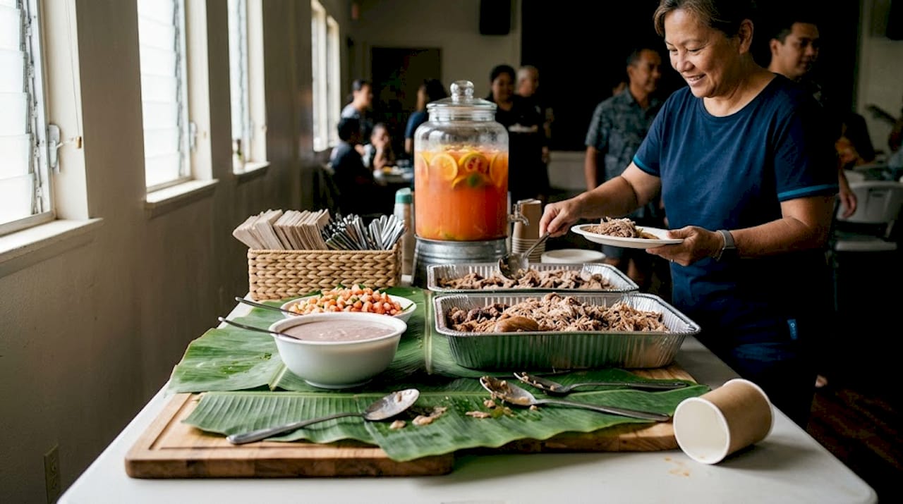 Buffet table with Oahu local dishes