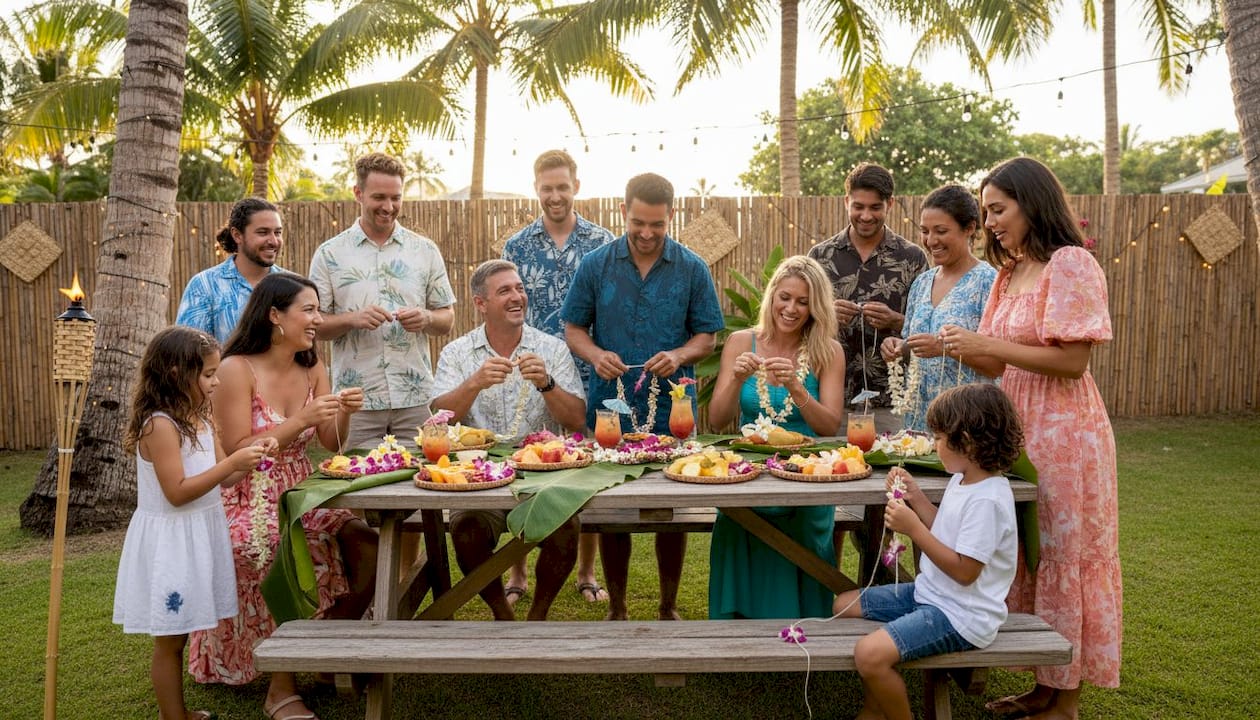 Backyard luau with guests preparing leis