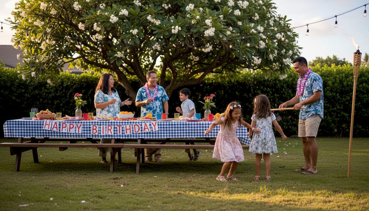 Oahu family luau celebration in backyard