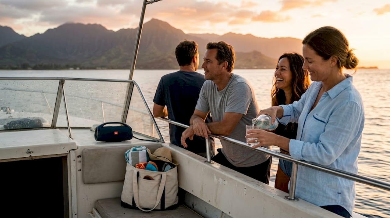 Friends gathered on Oahu boat at sunset