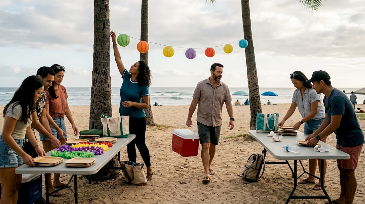 Group preparing outdoor celebration at Oahu beach park