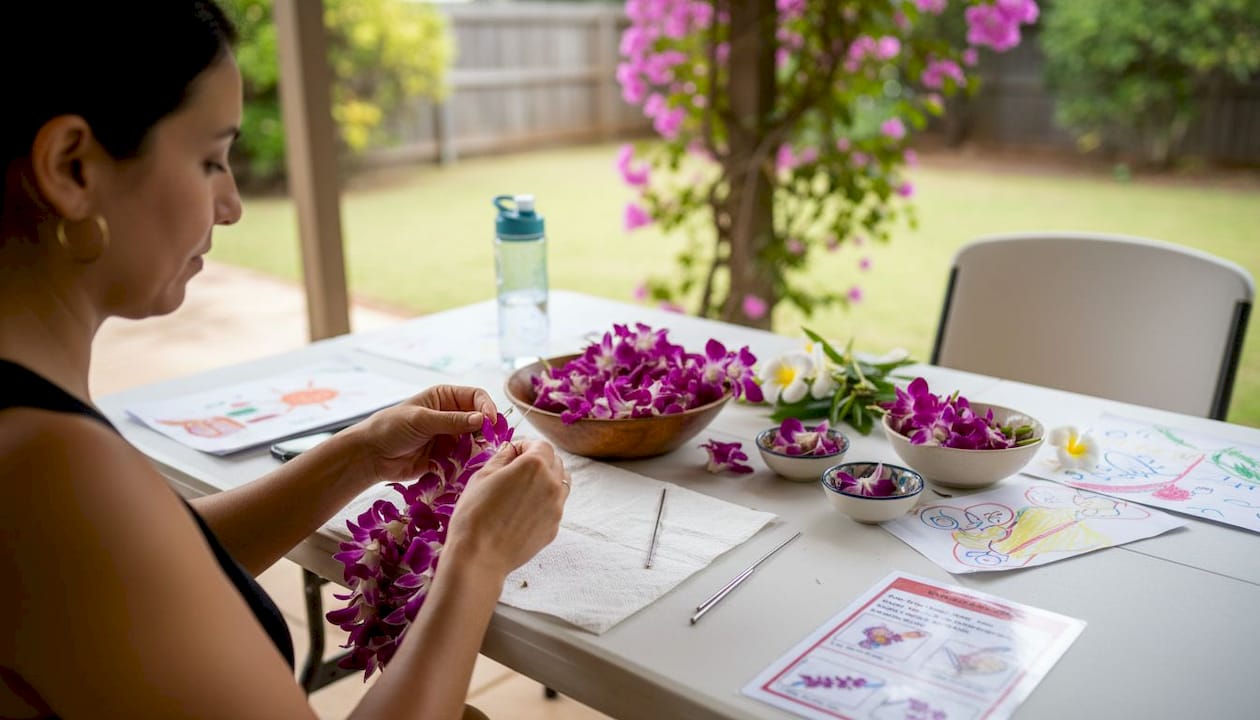 Hands-on lei making at Oahu backyard event