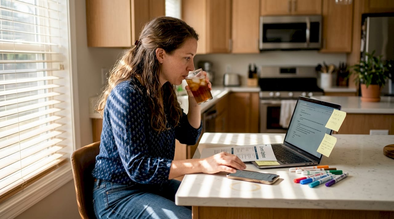 Woman reviewing event package printouts at home