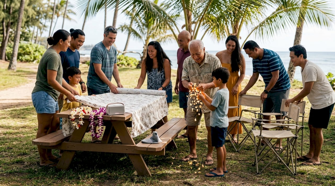 Family setting up for Oahu beachside celebration