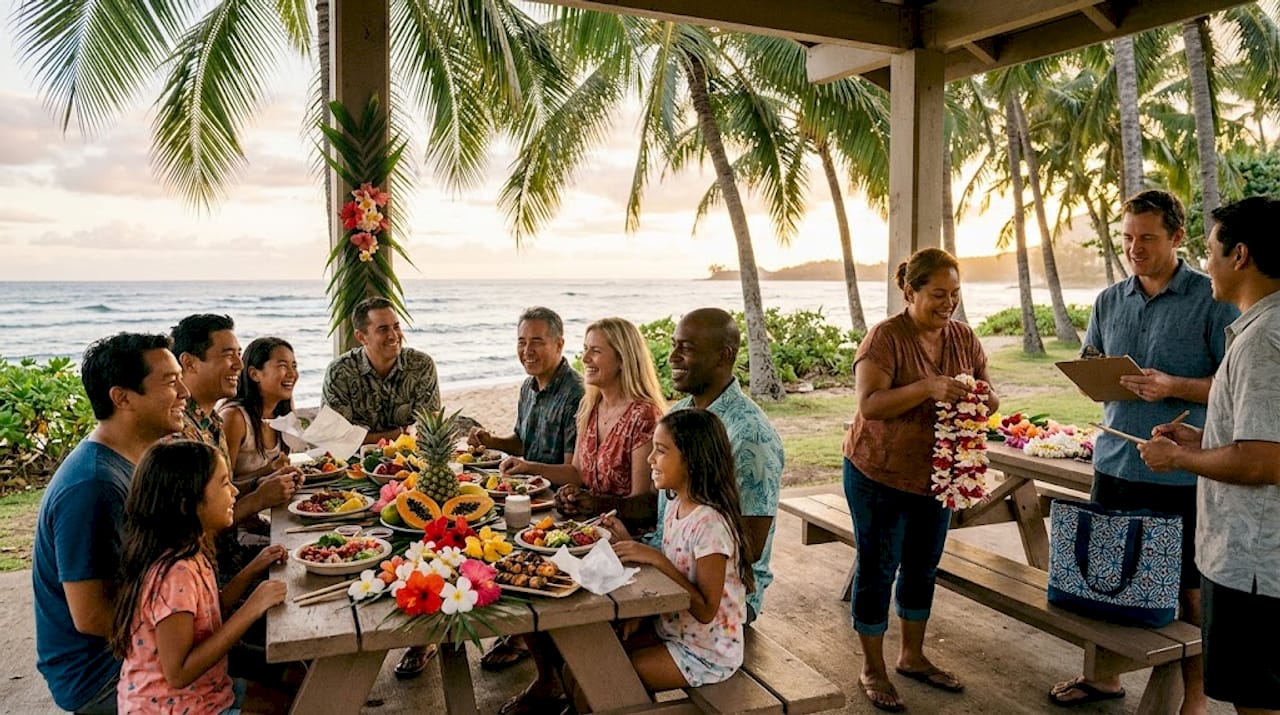 Group celebrating at Oahu beachfront event