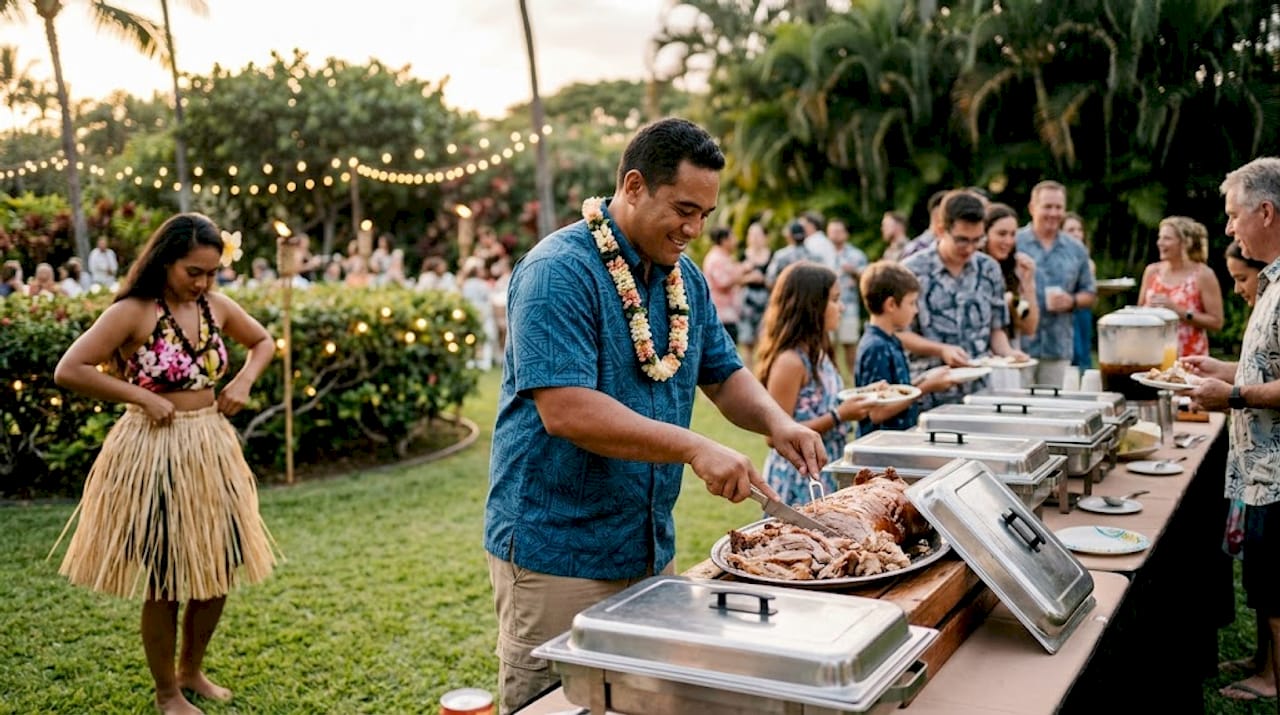 Luau performer and hula dancer prepping