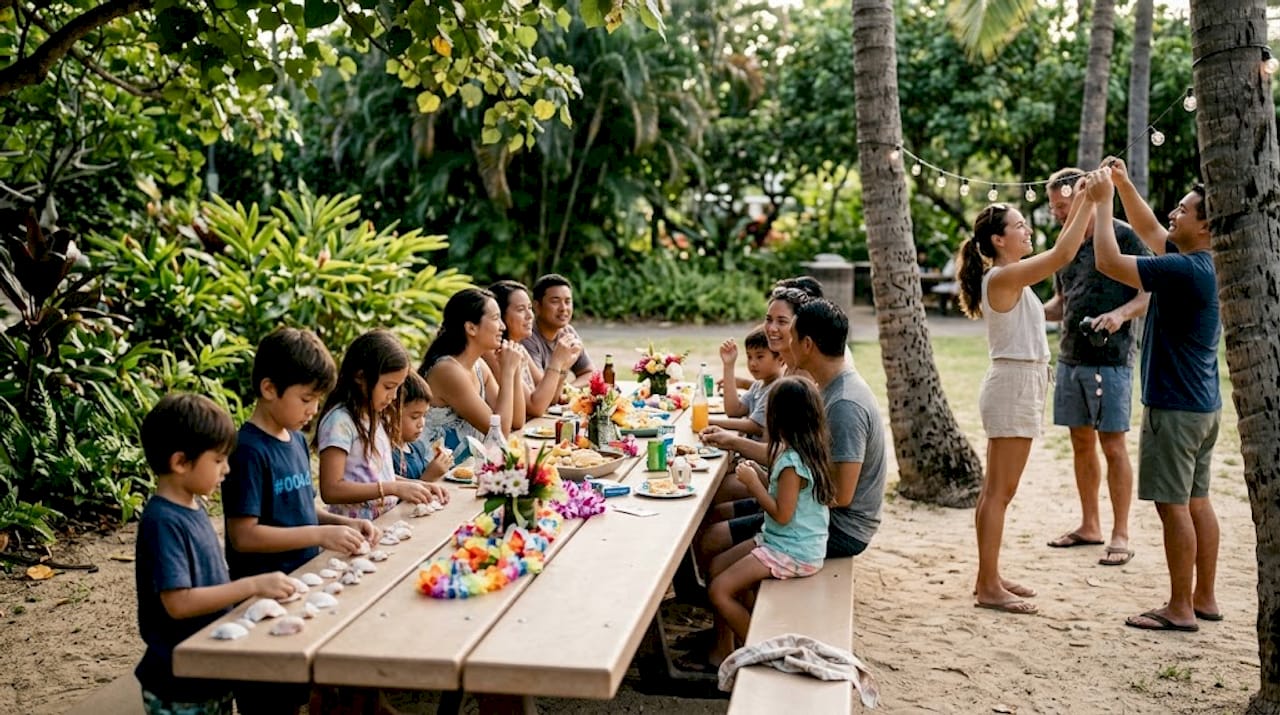People prepping decorations at Oahu garden party