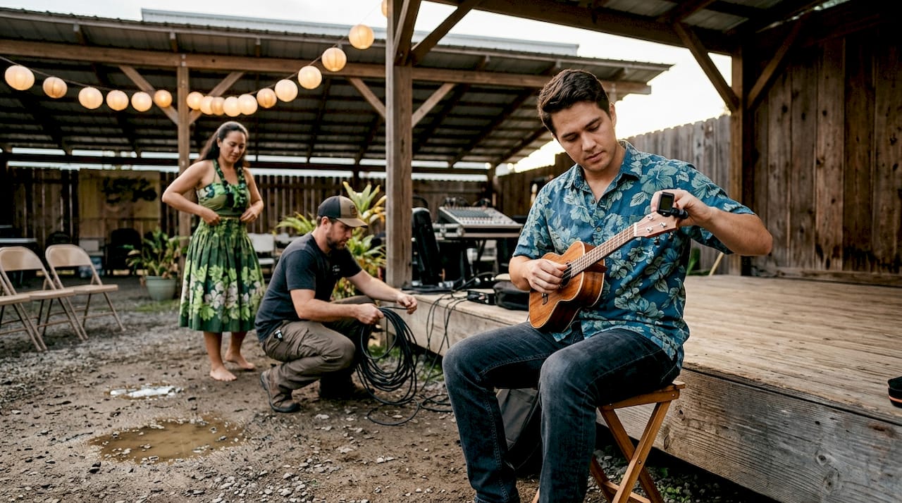 Performer and technician prepping luau stage