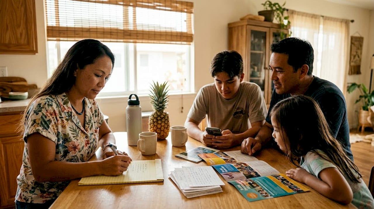 Oahu family casually planning event at home