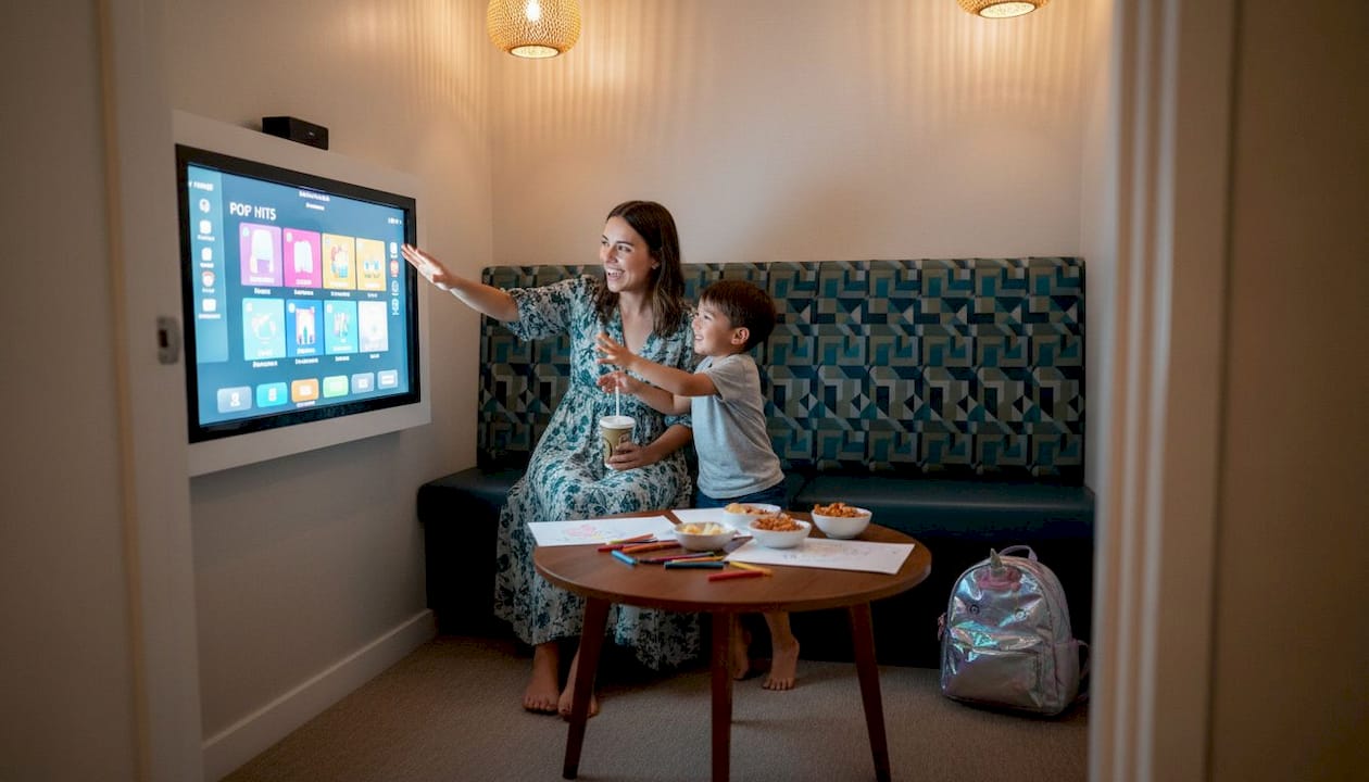 Mother and child pick karaoke songs together