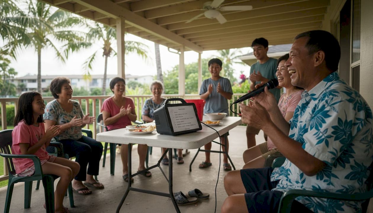Multigenerational group singing karaoke outdoors