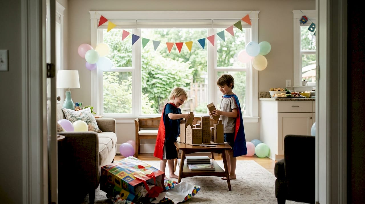 Children enjoying superhero themed home party