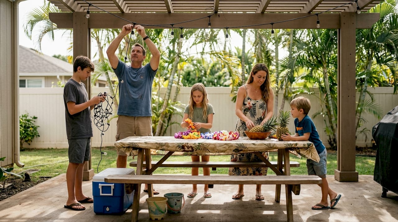 Family setting up backyard luau in Oahu