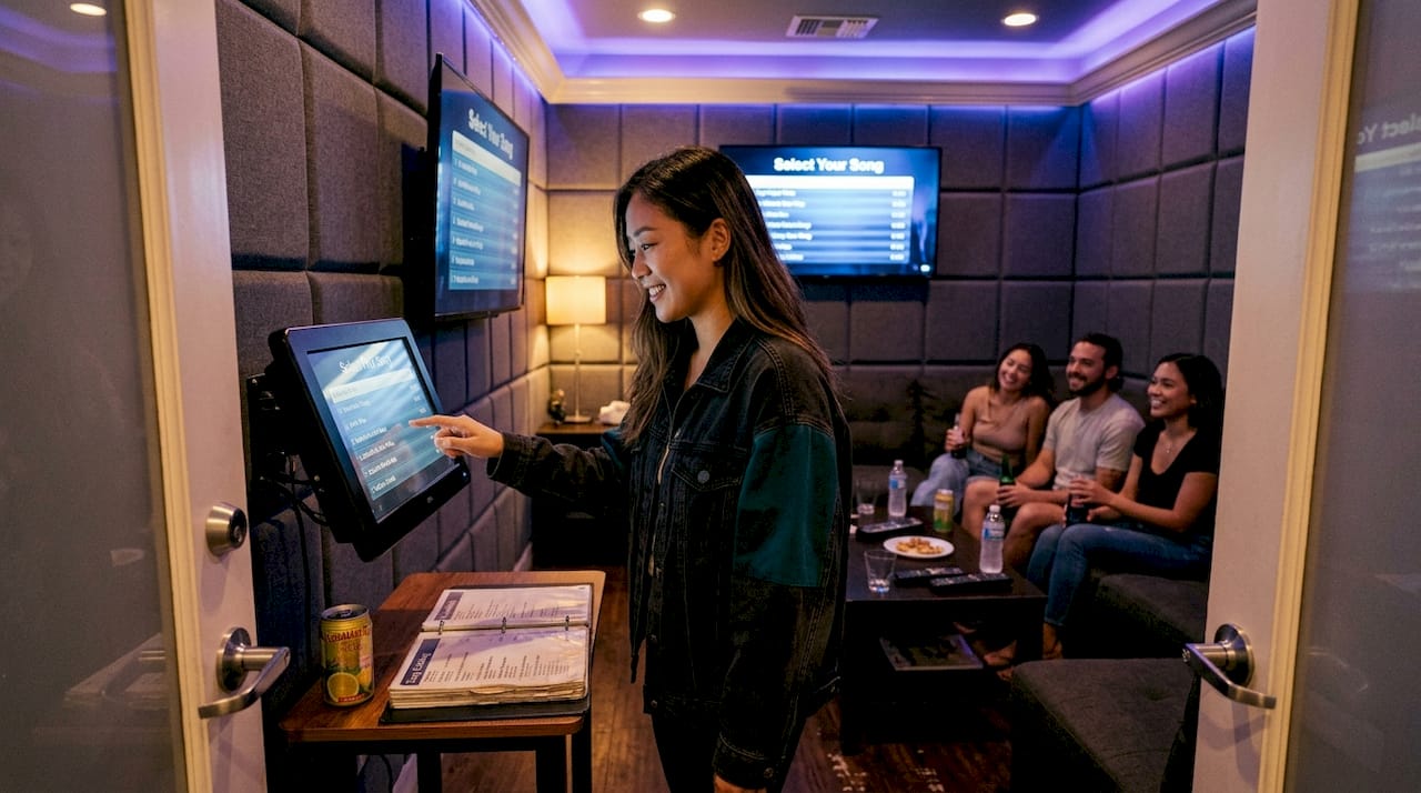 Private karaoke room with friends and equipment