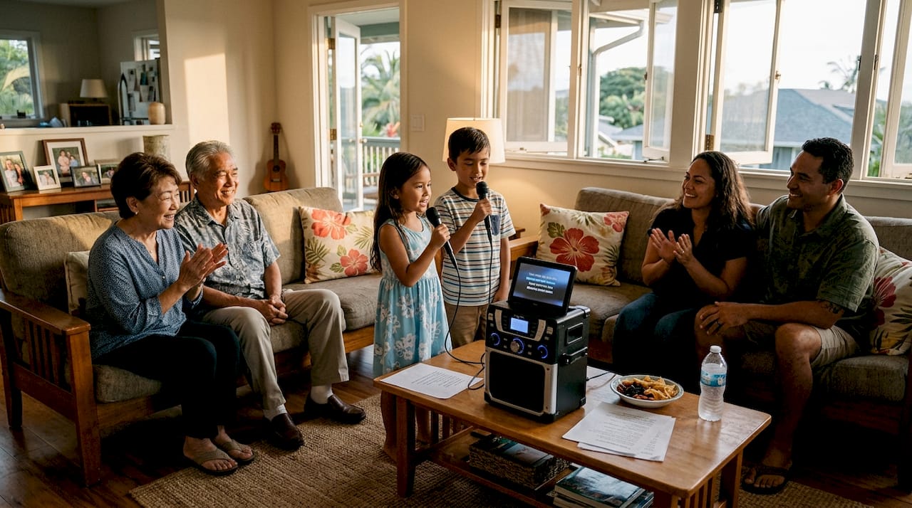 Oahu family singing at home karaoke night