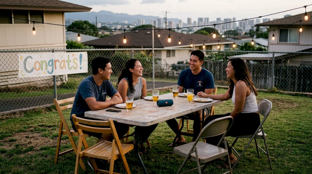 Friends enjoying Oahu party under string lights
