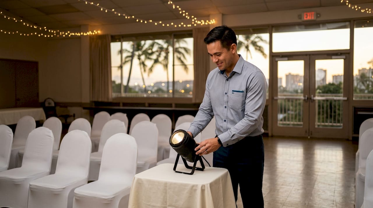 Event coordinator adjusts lighting at Oahu celebration