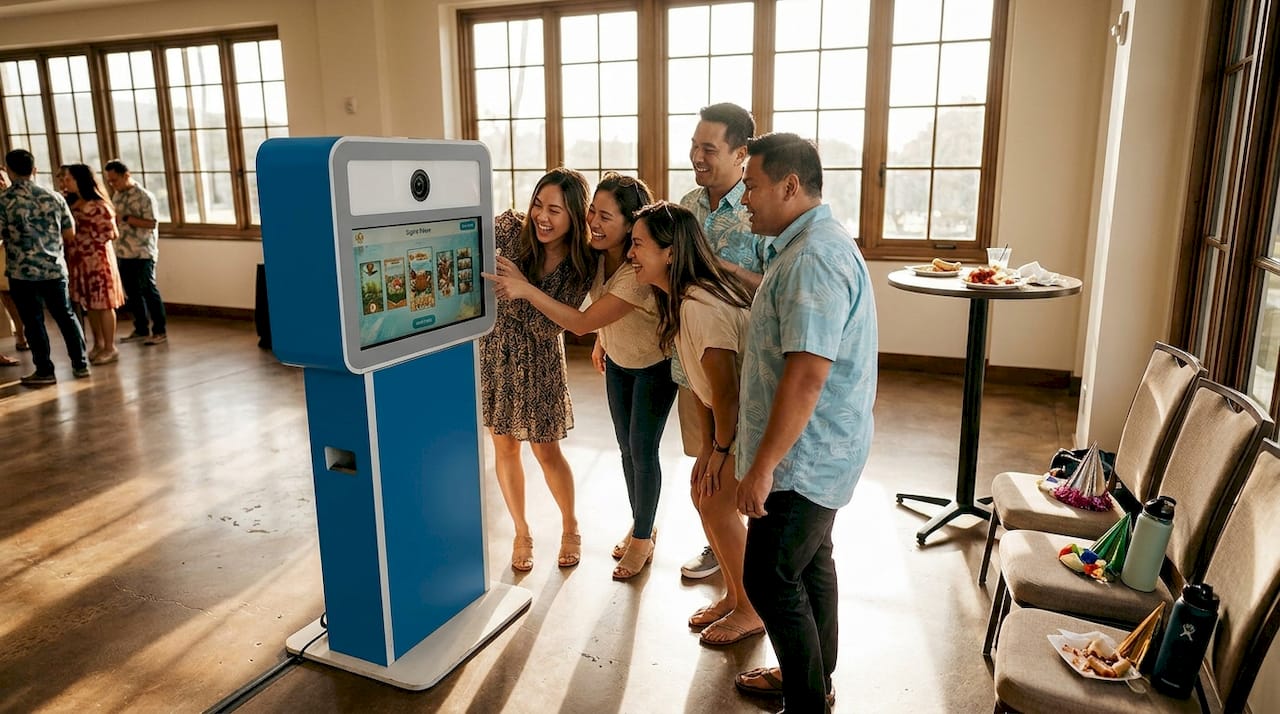 Group enjoying interactive booth at party