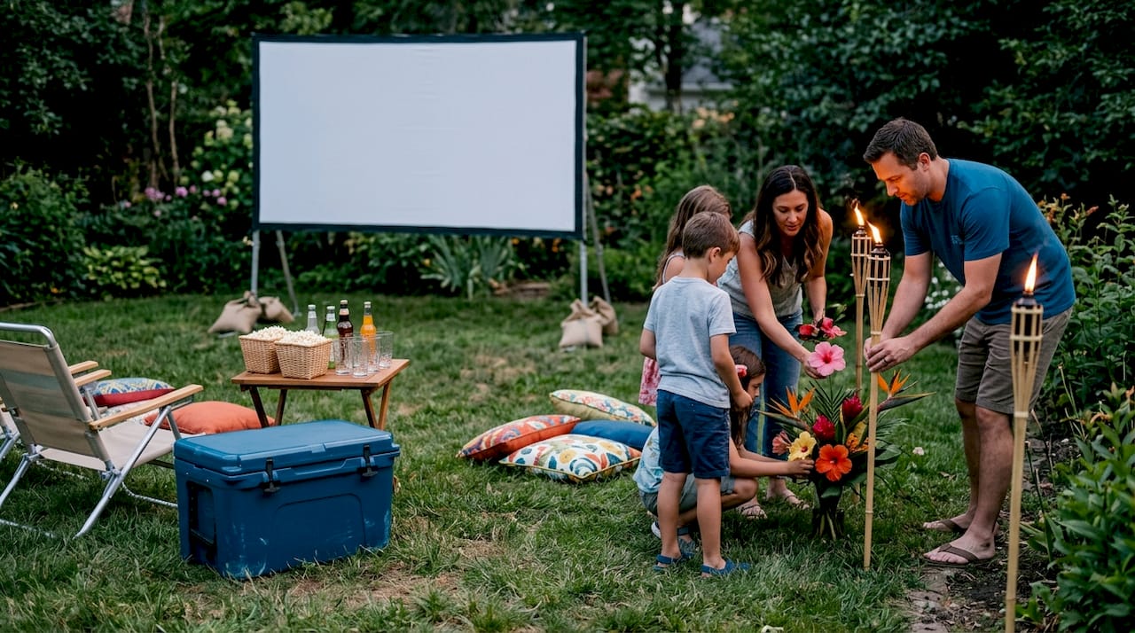 Decorating backyard Hawaiian themed movie night